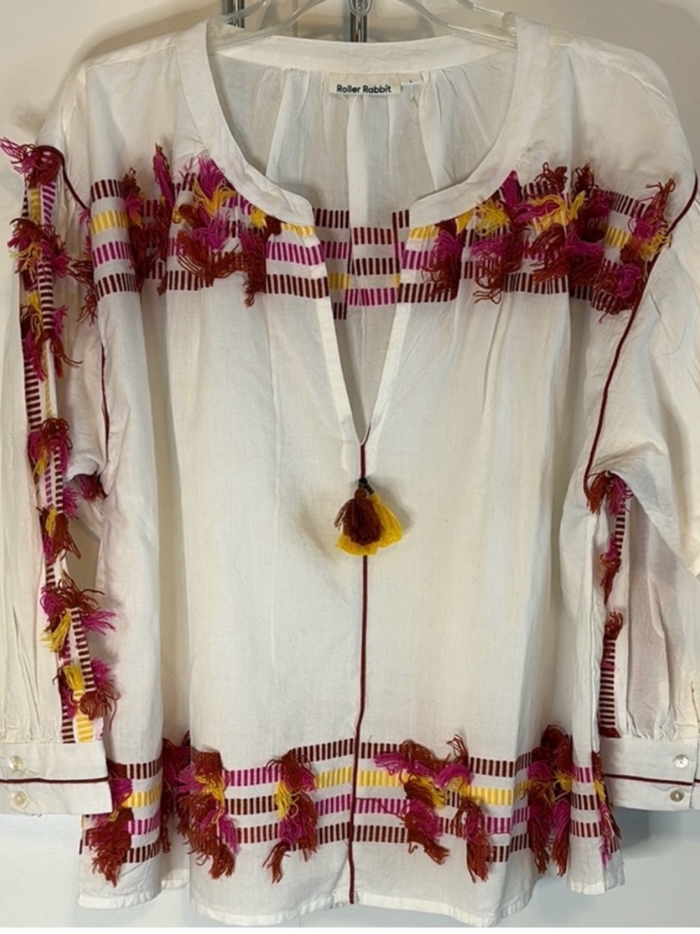 Roller Rabbit White Embellished Peasant Top with Pink & Yellow Accents